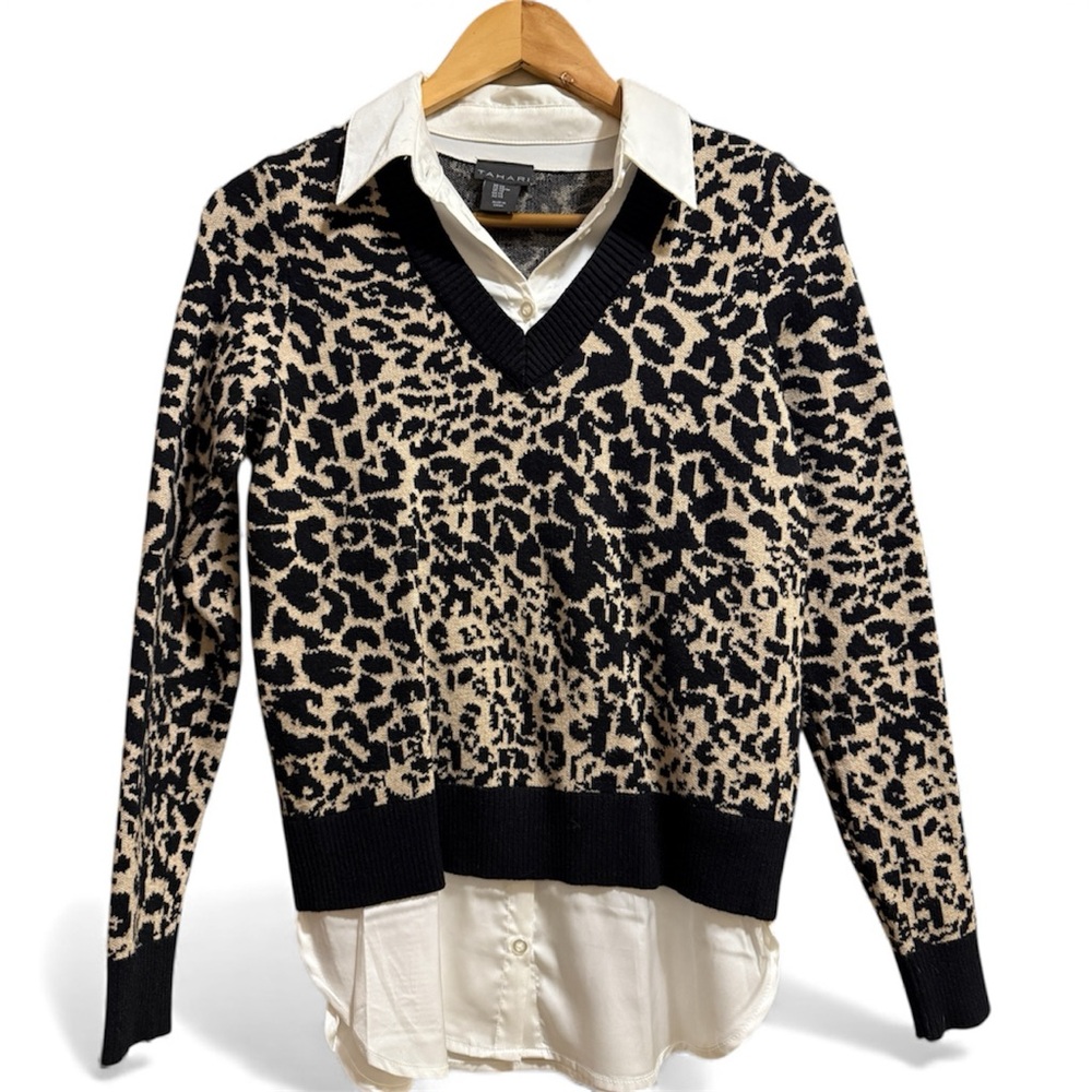 Tahari Black and Cream Animal Print V-Neck Sweater/Blouse Combo XS